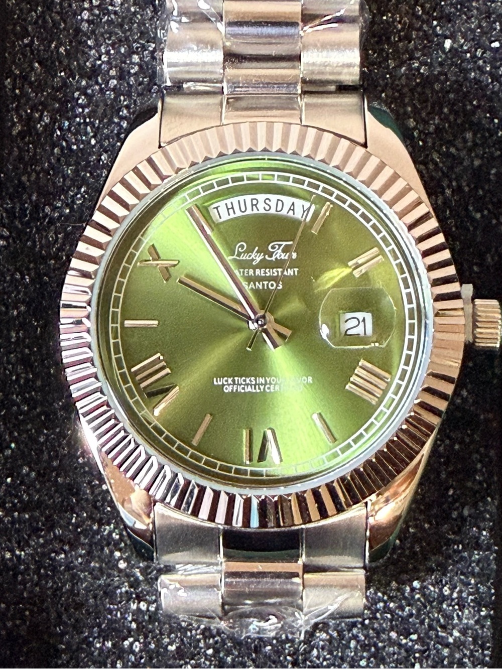 Lucky Fours Santos Emerald Green Silver 40mm Day Date Watch Brand New